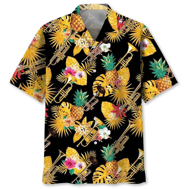 Hawaii Music Style Shirt Vacation Leaves 3d Printed Casual Button Shirts Men's Clothing Retro Colorful Saxophone Leisure Blouse