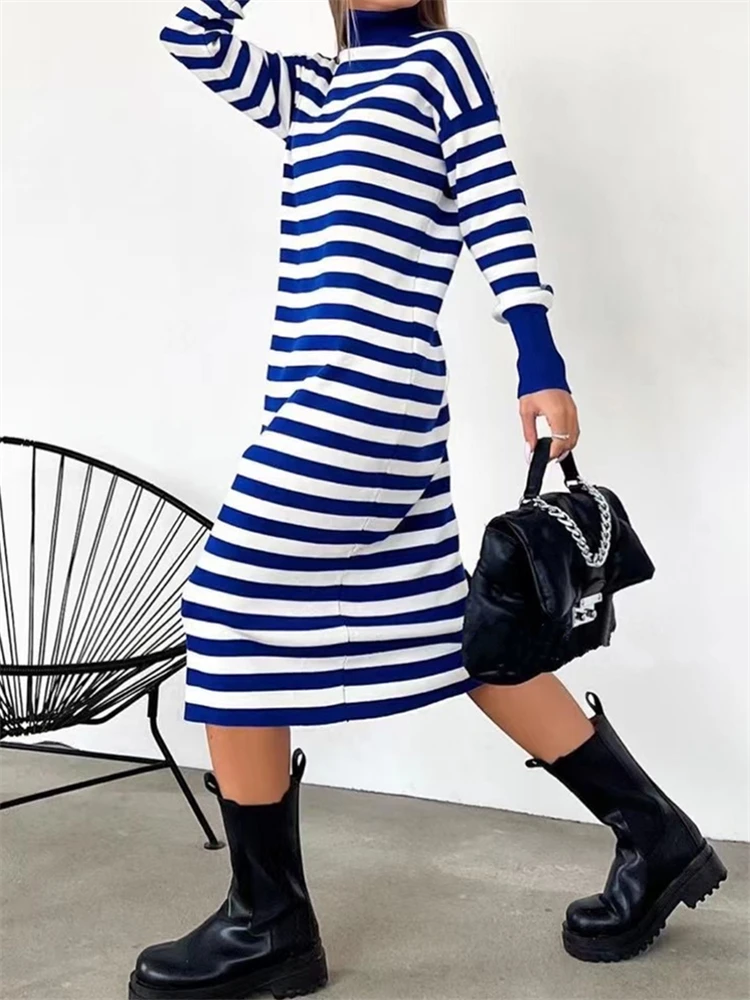 Autumn Winter Classic Striped Oversize Knitted Women's Long Dresses 2023 New Long Sleeve Casual Loose Chic Sweater Dress Female