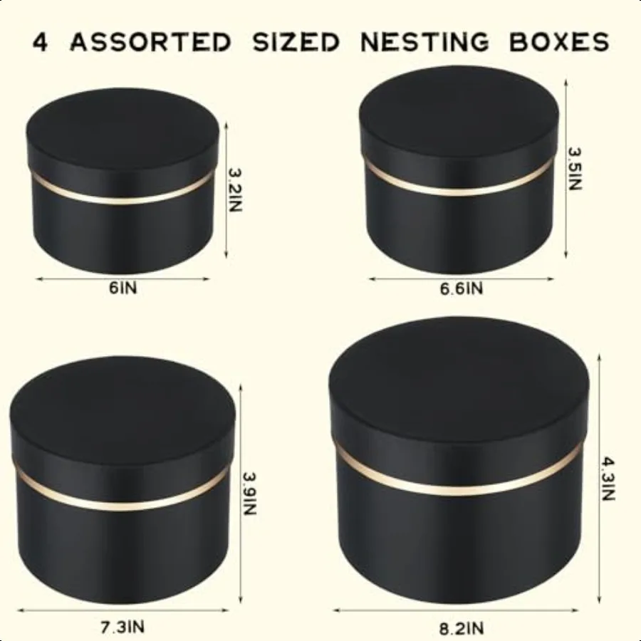 8 Pack Christmas Round Nesting Gift Black Boxes with Lids for Presents Assorted Sizes Gift Wrap Boxes for Christmas Arrangement