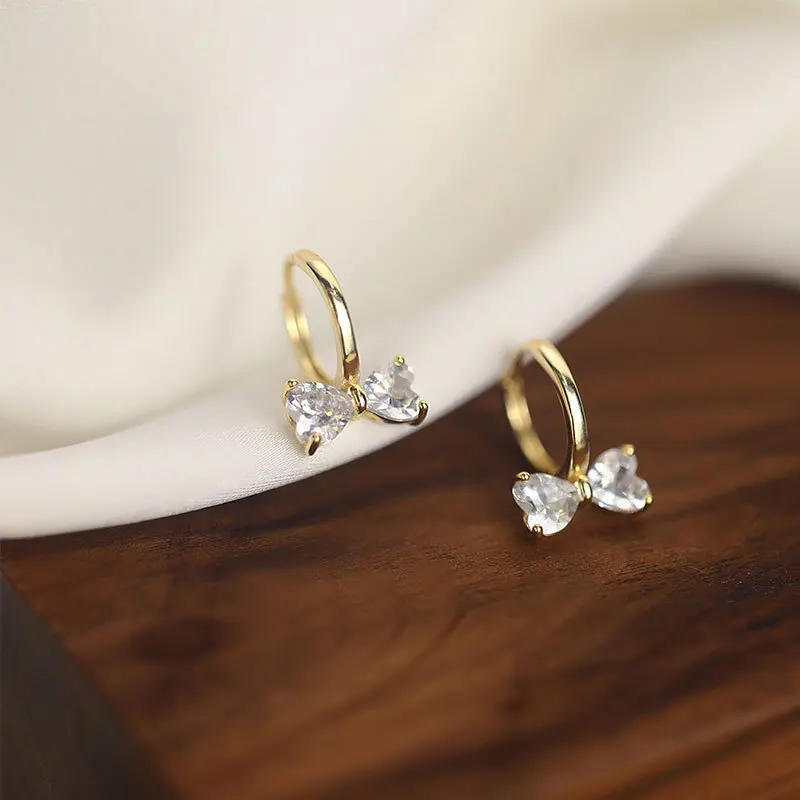 1Pair Small Shiny Zircon Heart Bow Flower Crystal Hoop Earrings For Women Girls Fashion Party Charming Jewelry Gift
