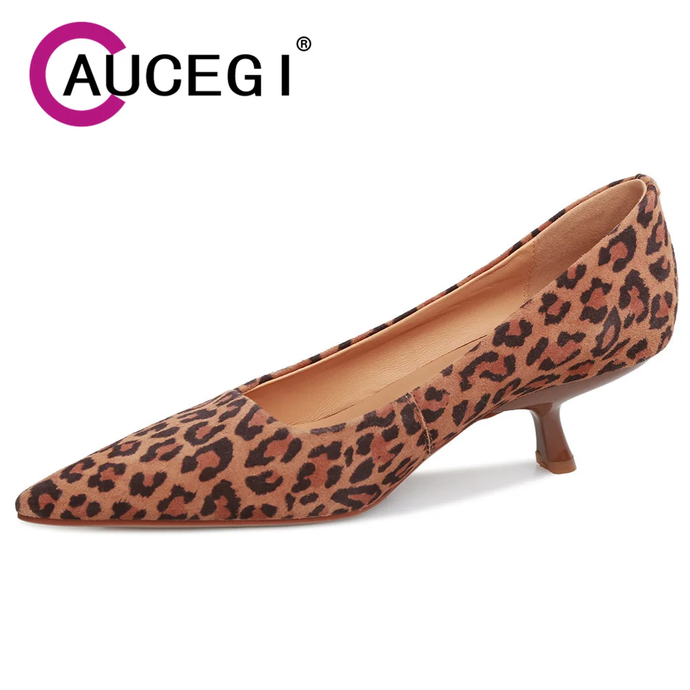 Aucegi Fashion Leopard Kid Suede Pointed Toe Shoes Med Heels Dating Retro Slip On Party Concise Shallow Brand Women Pumps