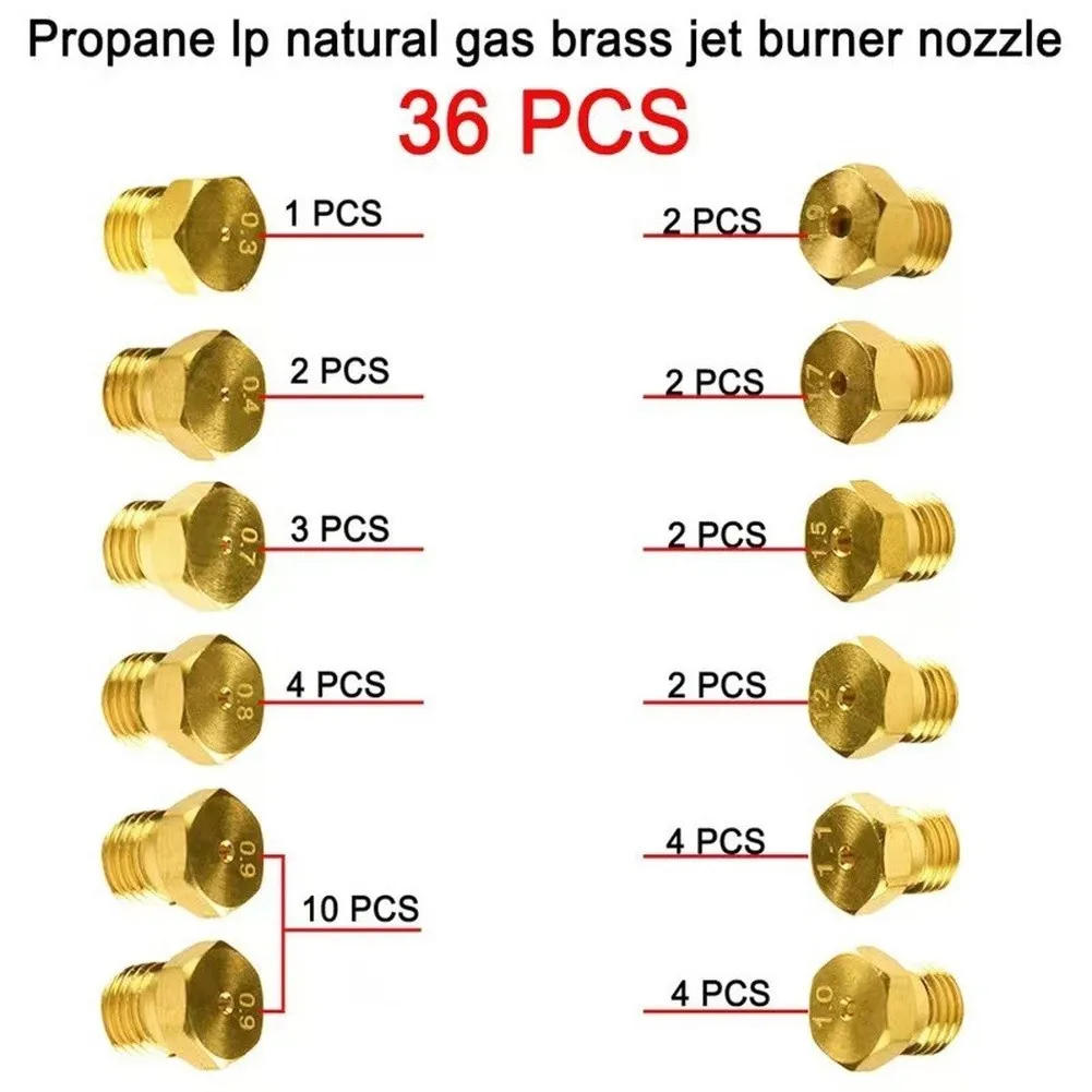 36Pcs M6x0.75 Brass Gas Nozzle Set 0.3-1.9mm, Propane Natural Gas Burner Jet Injector For Cooktop Replacement