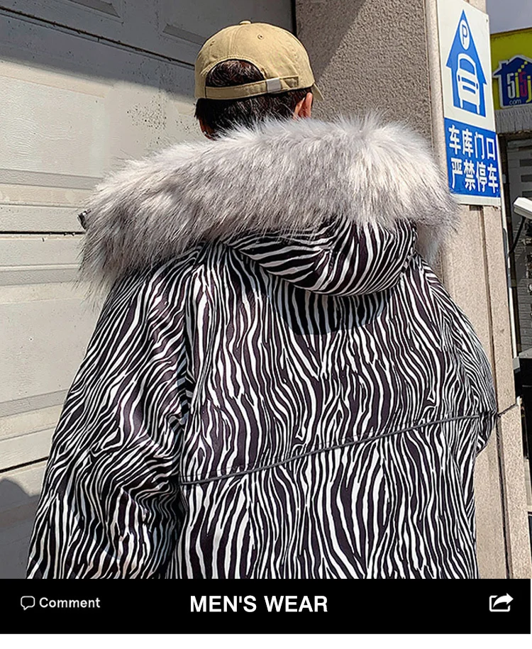 Abrigo de algodón con cuello de piel de cebra para hombre, ropa de trabajo con capucha, marca de moda, térmica, Invierno