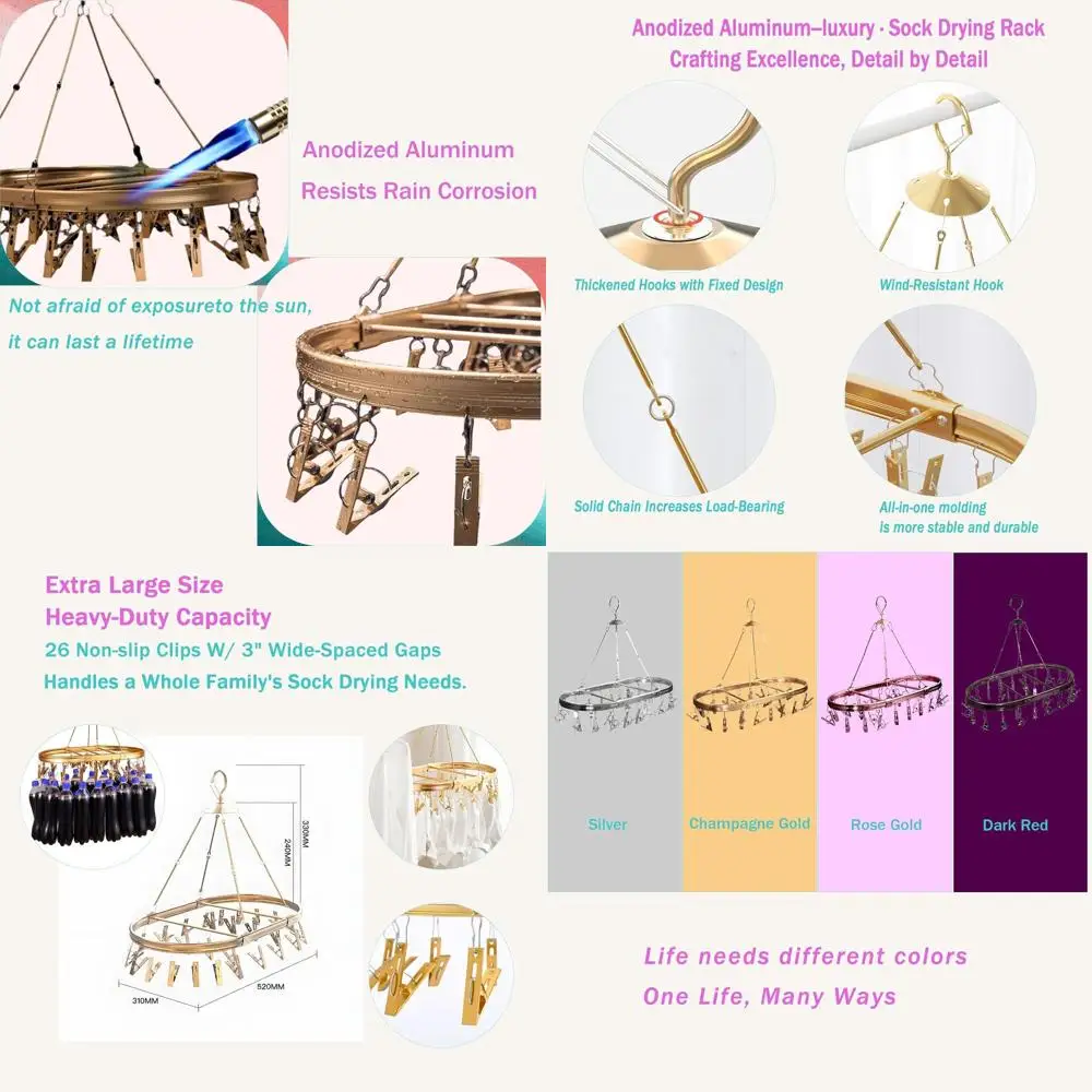 

Алюминиевая сушилка для носков и детской одежды с 26 противоскользящими зажимами — ветрозащитная, компактная овальная конструкция темно-красного цвета