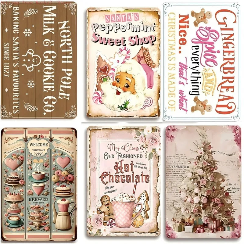 6-teiliges Vintage-Weihnachts-Blechschilder-Set aus Metall, Retro-Feiertags-Wandkunst-Plaketten mit festlichen Zitaten, rustikale Dekoration für Zuhause, Party