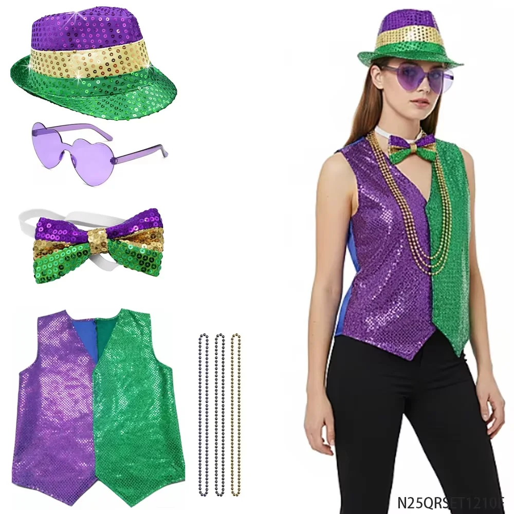 Zestaw Kostiumowy na Mardi Gras z Cekinami: Kapelusz, Kamizelka, Okulary, Naszyjnik z Koralików, Muszka, Akcesoria Imprezowe