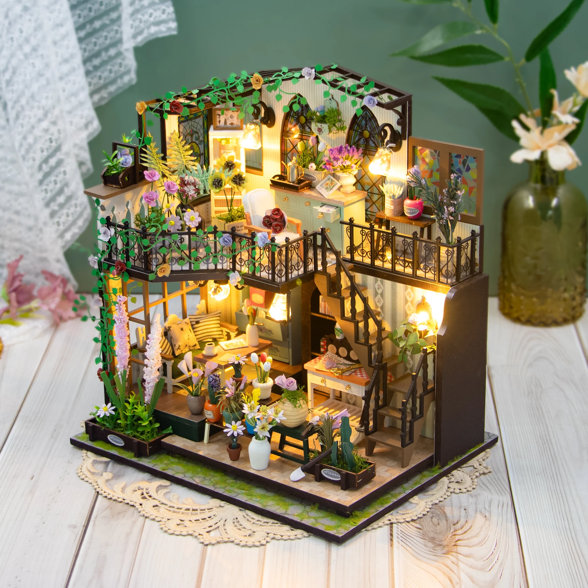 Nieuwe Diy Houten Miniatuur Model Kit Darcy Flower House Casa 3d Puzzel Poppenhuis Met Meubels Interieur Voor Vrienden Geschenken