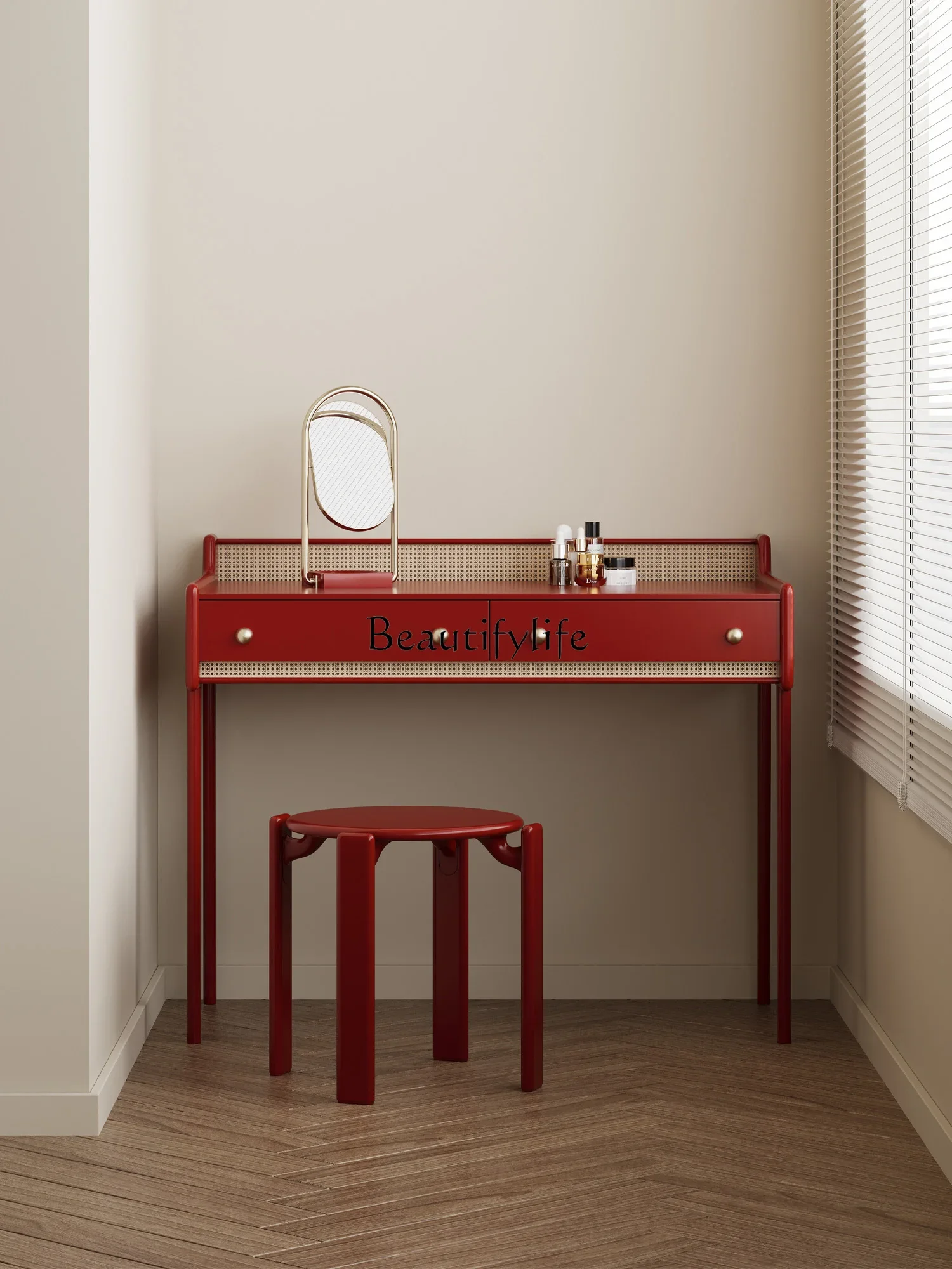 

01Minimalist Light Luxury Rattan Dressing Table Simple and Elegant Bedroom Design Table