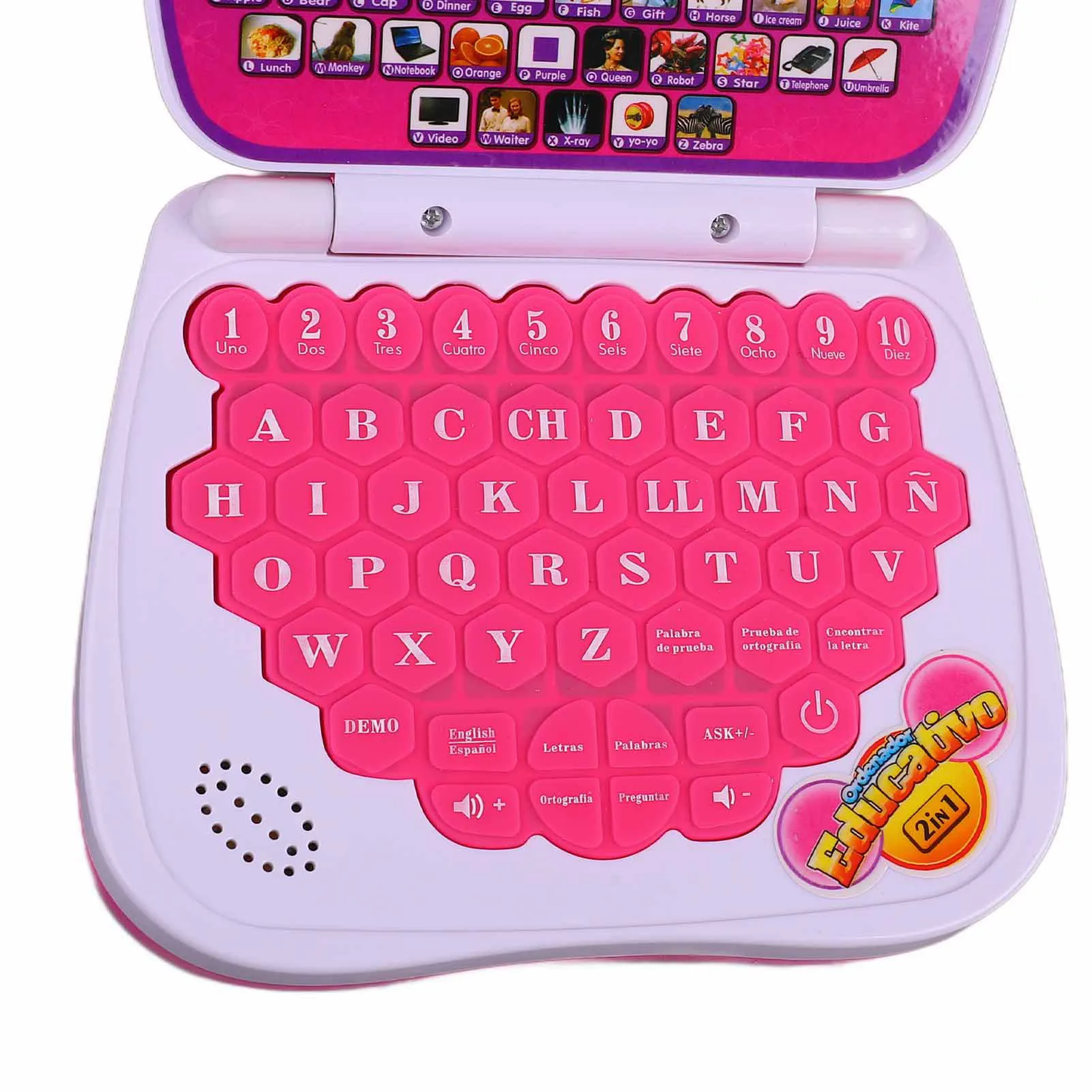 Macchina per l'apprendimento dei bambini Funzione musicale inglese spagnolo Laptop educativo interattivo per bambini Rosa