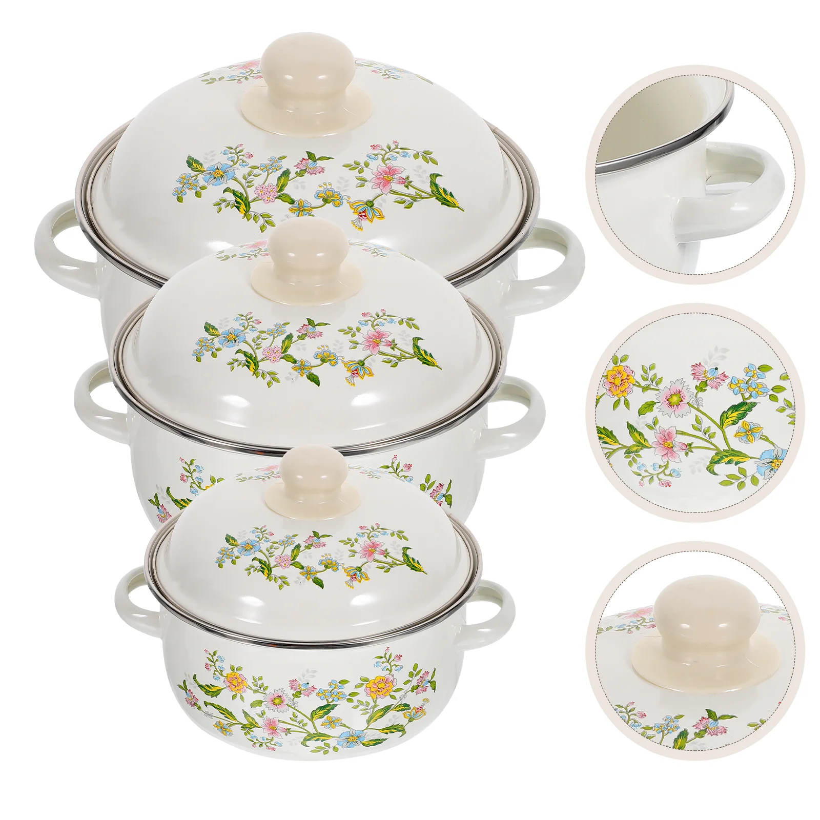 

Enamel Pot with Handles Mini Soup Three-piece Set Cooking Utensils Retro Pots Gas Stove