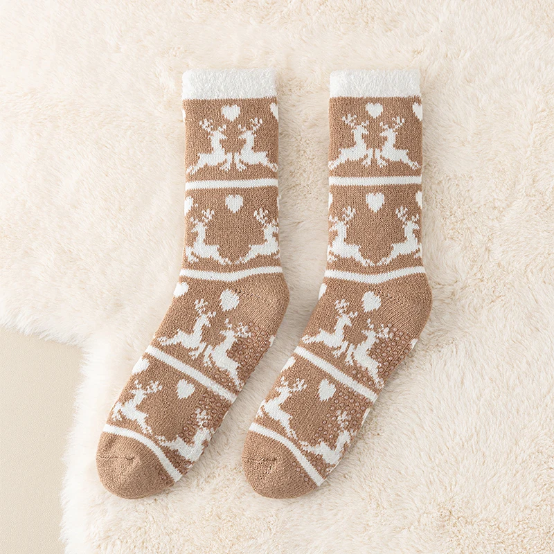 1 пара женских носков, утепленные флисовые домашние теплые средние носки, носки для сна, теплые нескользящие носки-тапочки, зимние носки, рождественские носки