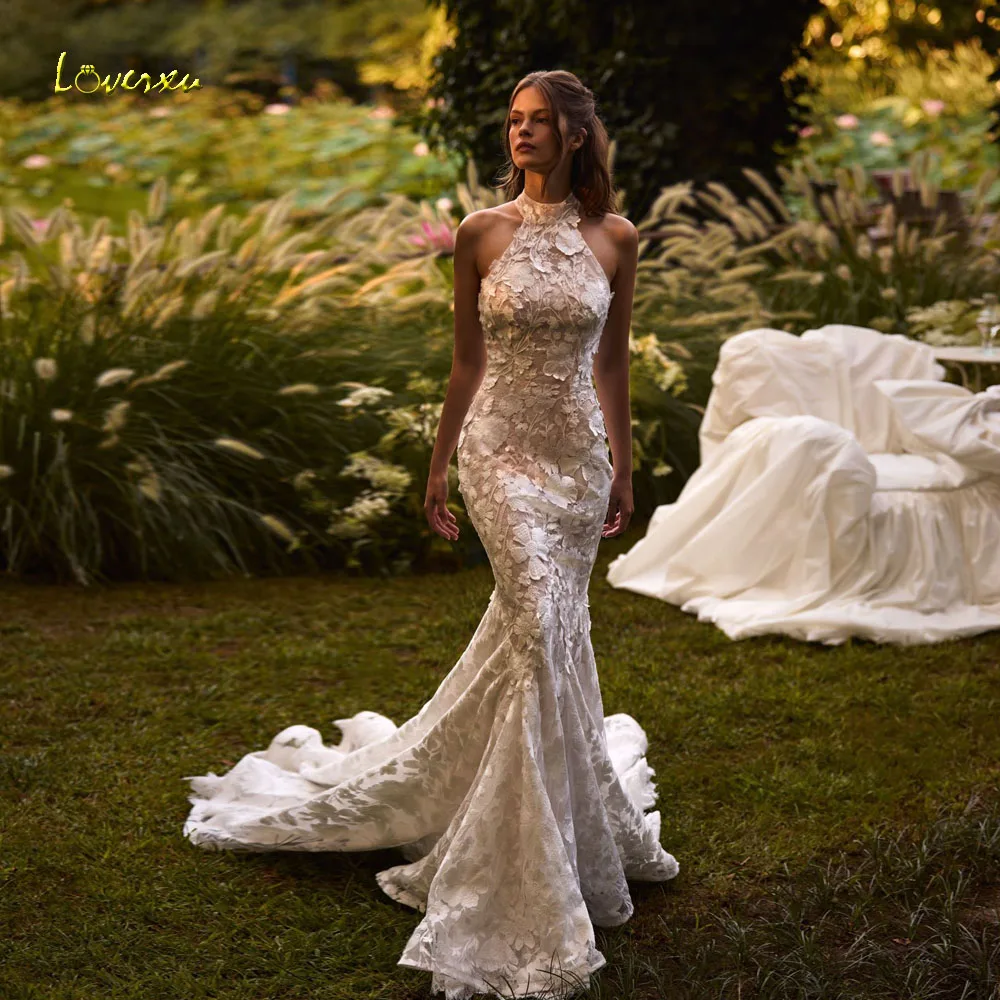

Loverxu Русалка Сексуальные свадебные платья Холтер Vestido De Novia Кружевная вышивка 3D цветы Гламурные свадебные платья на заказ