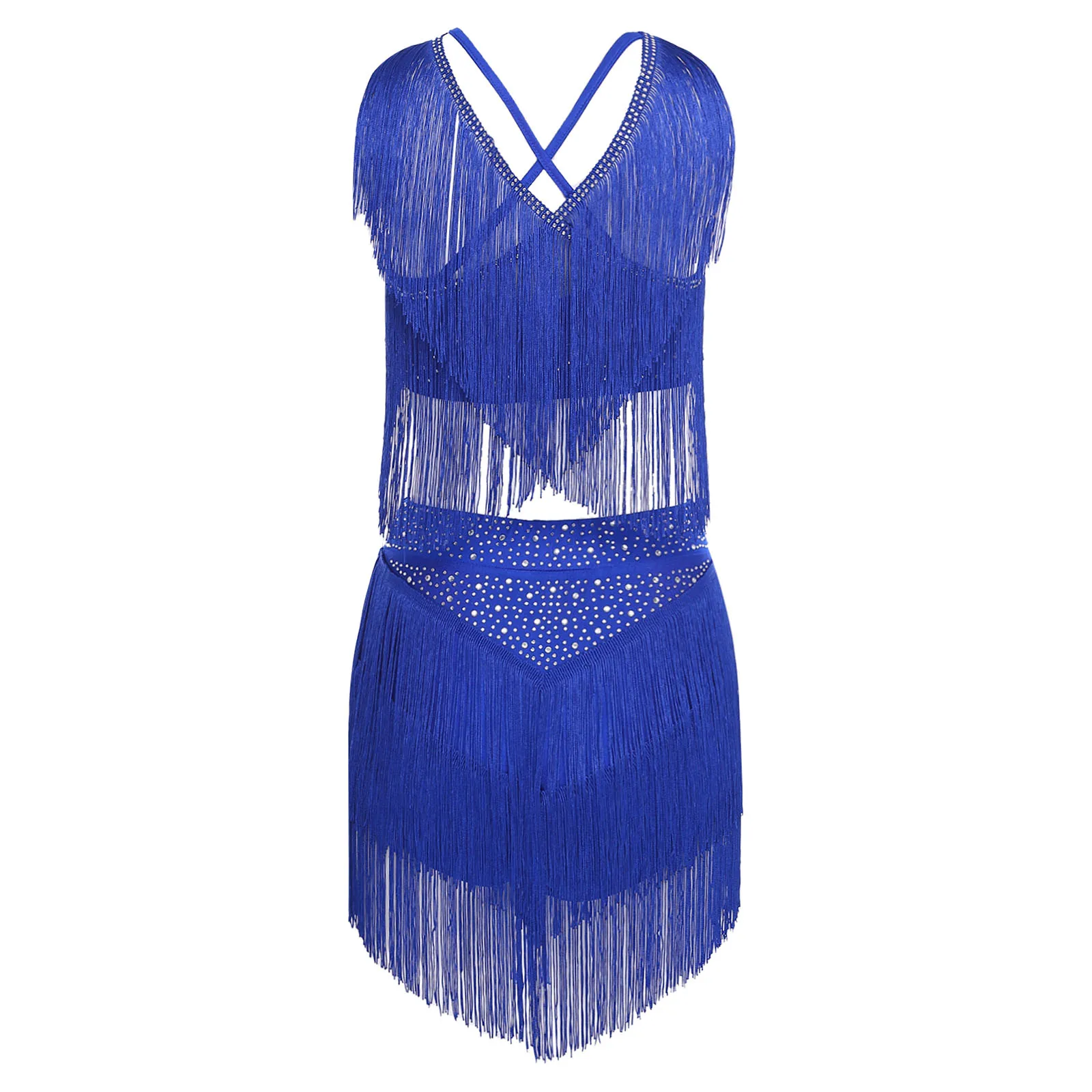 2 pezzi donne salsa costumi di danza latina tango dancewear scollo a V senza maniche incrociato sul retro frangia crop top + gonna nappe a strati