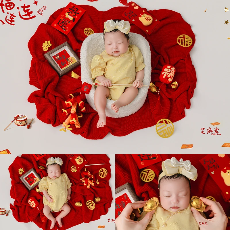 

Ethnic Style Newborn Photography Costumes Lunar New Year Theme Cheongsam-Style Puff-Sleeve Baby Jumpsuit with Headband 2pcs/Set
