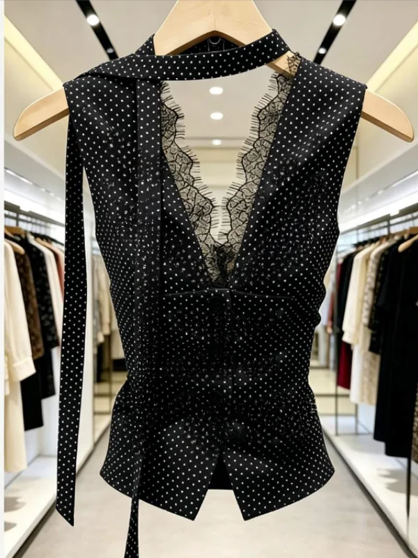 Loose Fit Polka Dot Lace Splice V Neck Top Women's Summer Blouse Daily Wear Black Dotted Vest Fashionable Girl's Tank Top
