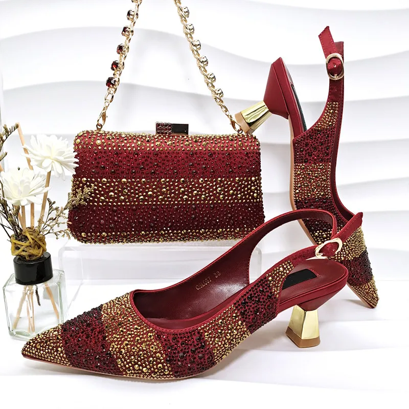 

Popular Wine High Heel 6.5CM Women Pointed Toe Shoes Match Crystal Handbag African Dressing Pumps And Bag Set QSL087