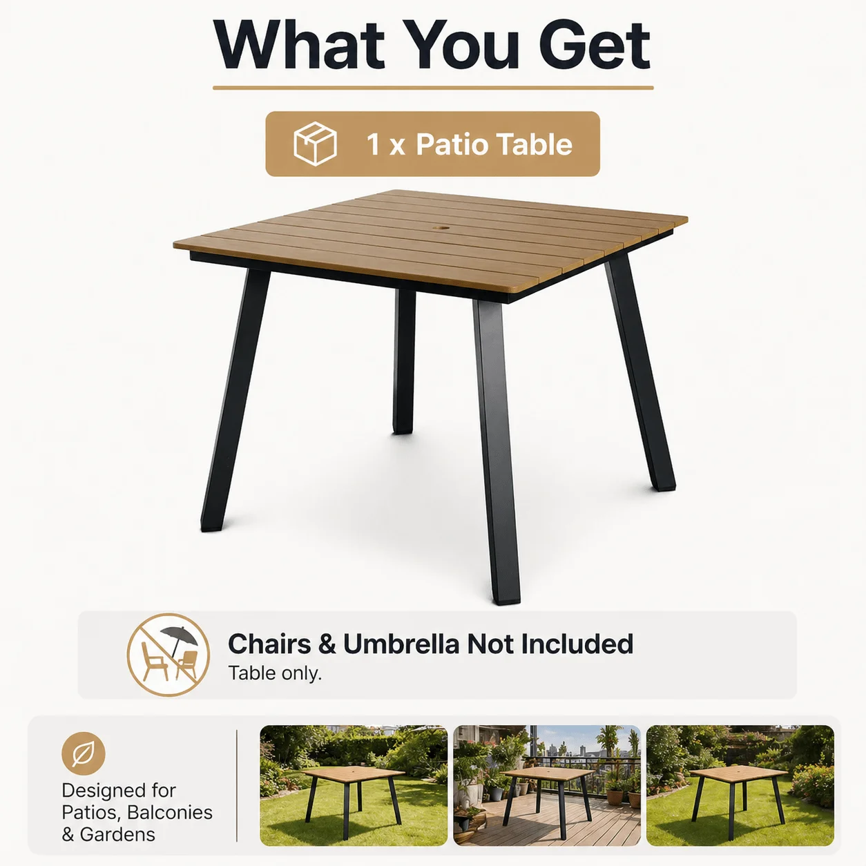 Square Patio Dining Table With Umbrella Hole Heavy Duty Iron Frame WPC Top Outdoor Indoor Use