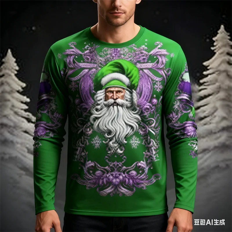 

New Year's Party Santa Claus Print Men's Long Sleeve Autumn Casual O-neck Loose T-shirt Fashion Christmas Elements Pattern Tops