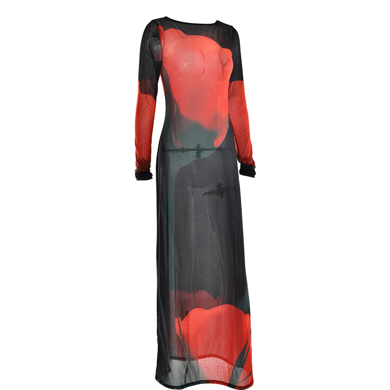 Sukienka damska See Through Flower Dress Mesh Sheer Crew Neck Long Sleeve Bodycon Long Dresses for Spring Summer Sexy Club Party