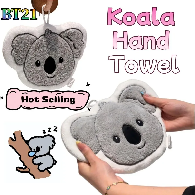 BT21 Koya Niedliches Modisches Graues Handtuch aus Korallenfleece, Hängend, Saugfähig, Weich, für Küche und Bad, Reinigungstuch, Handwaschtuch