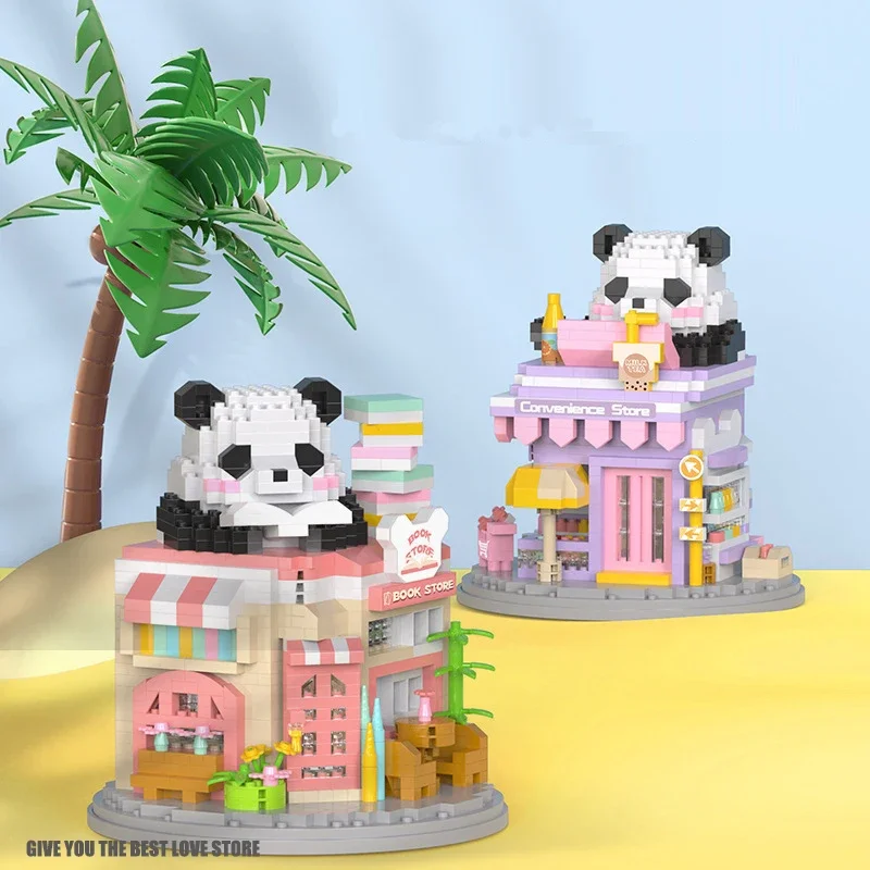 DIY Mini Panda Themed House Street View House Building Blocks Toys Chinese Style Model Toys For Kids Gifts