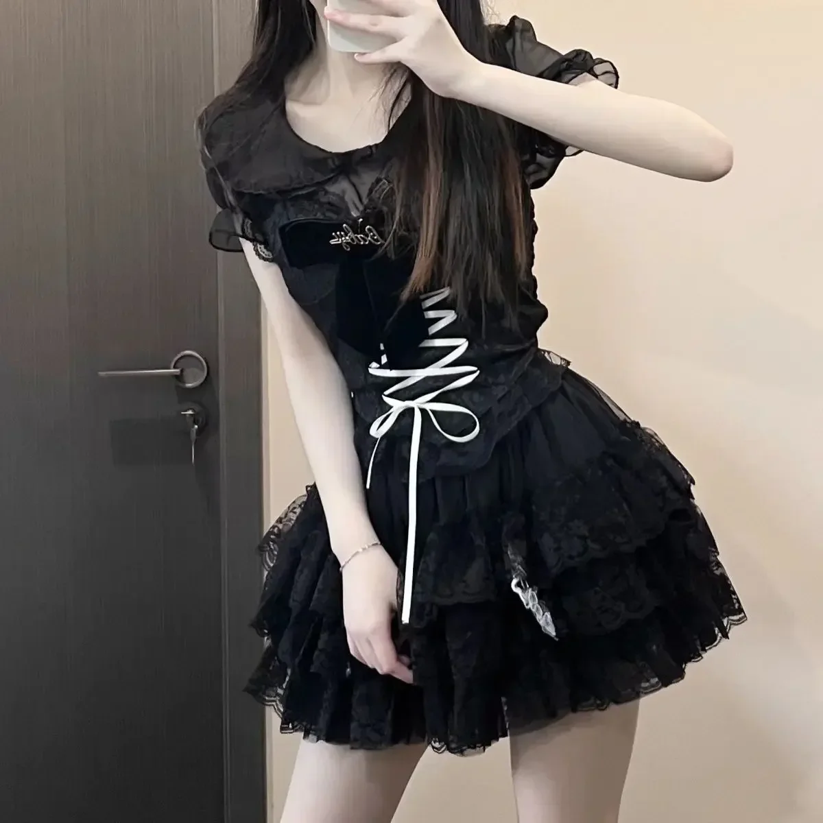 

MAGOGO Gothic Lolita Mini Skirt Sets Women Dark Ballet Style Lace Patchwork Black Skirt and Y2k Girls Lace-up Slim Kawaii Tops