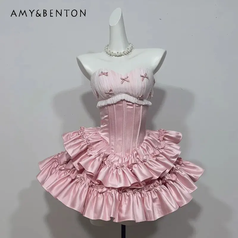 

2026 Summer New Women's Pink Slim Short Bow Tube Top Dress Coming of Age Birthday Party Daily Princess Fluffy Dress