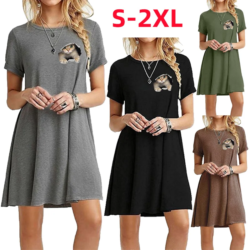 

Summer Women's Casual Solid Beach Skirt Round Neck Party Summer Short Sleeve Loose cute cat printed Mini Dress 6 colors S-2XL