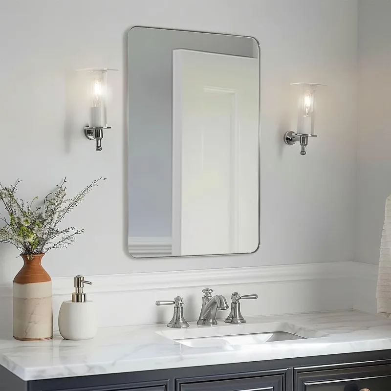 Brushed Nickel Bathroom Mirror, 24”x40” Rounded Corner Rectangle Modern Metal Frame Vanity Mirror