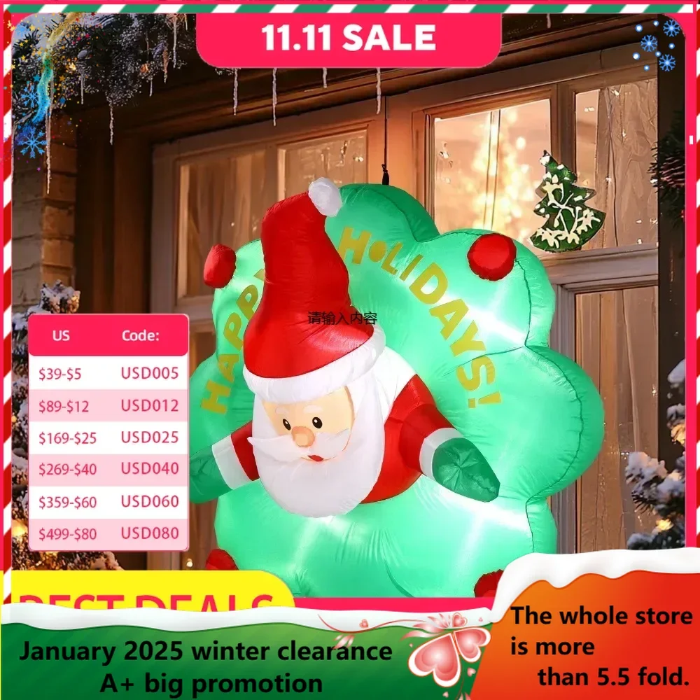 4 FT Lighted Christmas Inflatable Santa with Wreath Broke Out from Window, Large Blow Up Hanging Inflatable Decoration