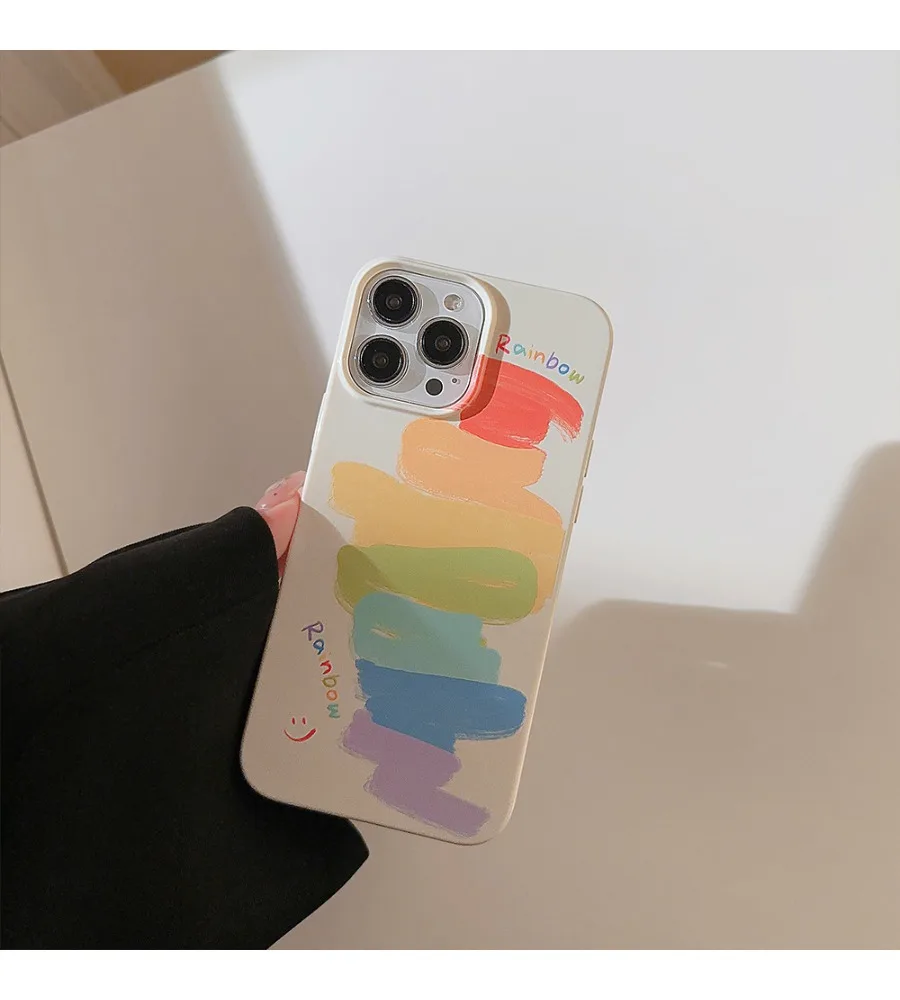 Hand Painted Rainbow Brush Stroke Phone Case For Iphone 12 13 14 15 16 17 Cute Glossy Hard Shell