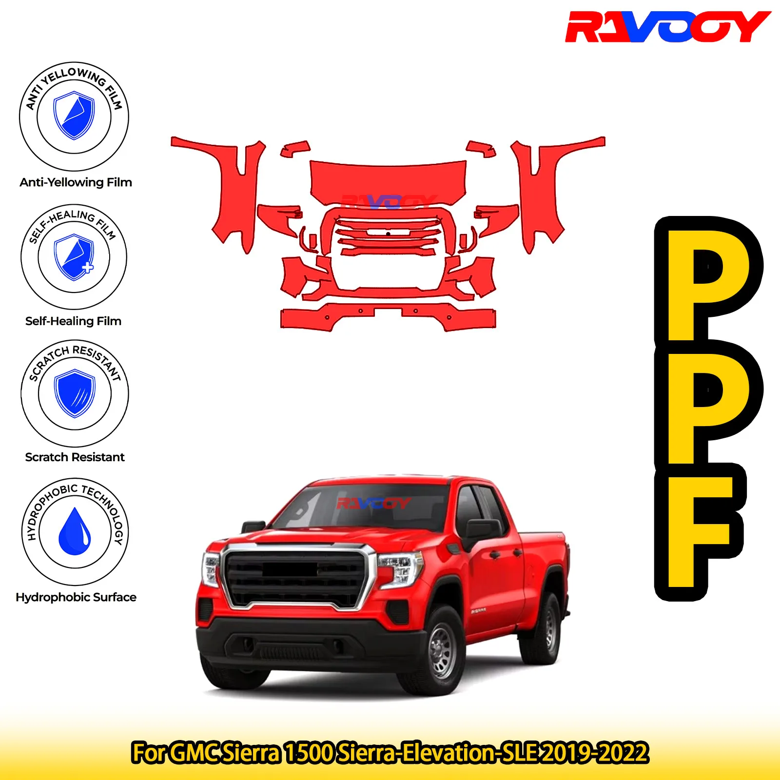 

For GMC Sierra 1500 Sierra-Elevation-SLE 2019-2022 Glossy Matte Black Precut front PPF Kit Paint Protection Film