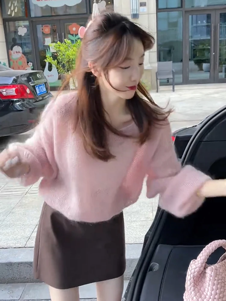 

Korean Style round Neck Hollow Knitted Top Women's Spring New Slimming Versatile A-Line High Waist Skirt Set