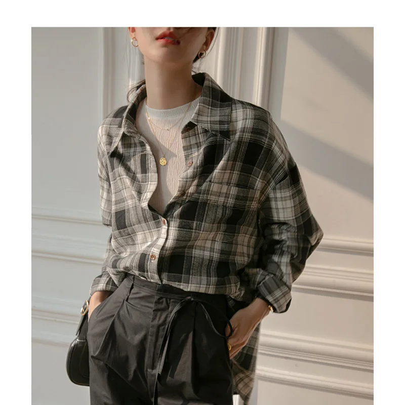 Awen Korean Plaid Shirts Womens Vintage Oversized Long Sleeve Loose Female Blouses and Tops Cotton Checked Lady Casual Shirts