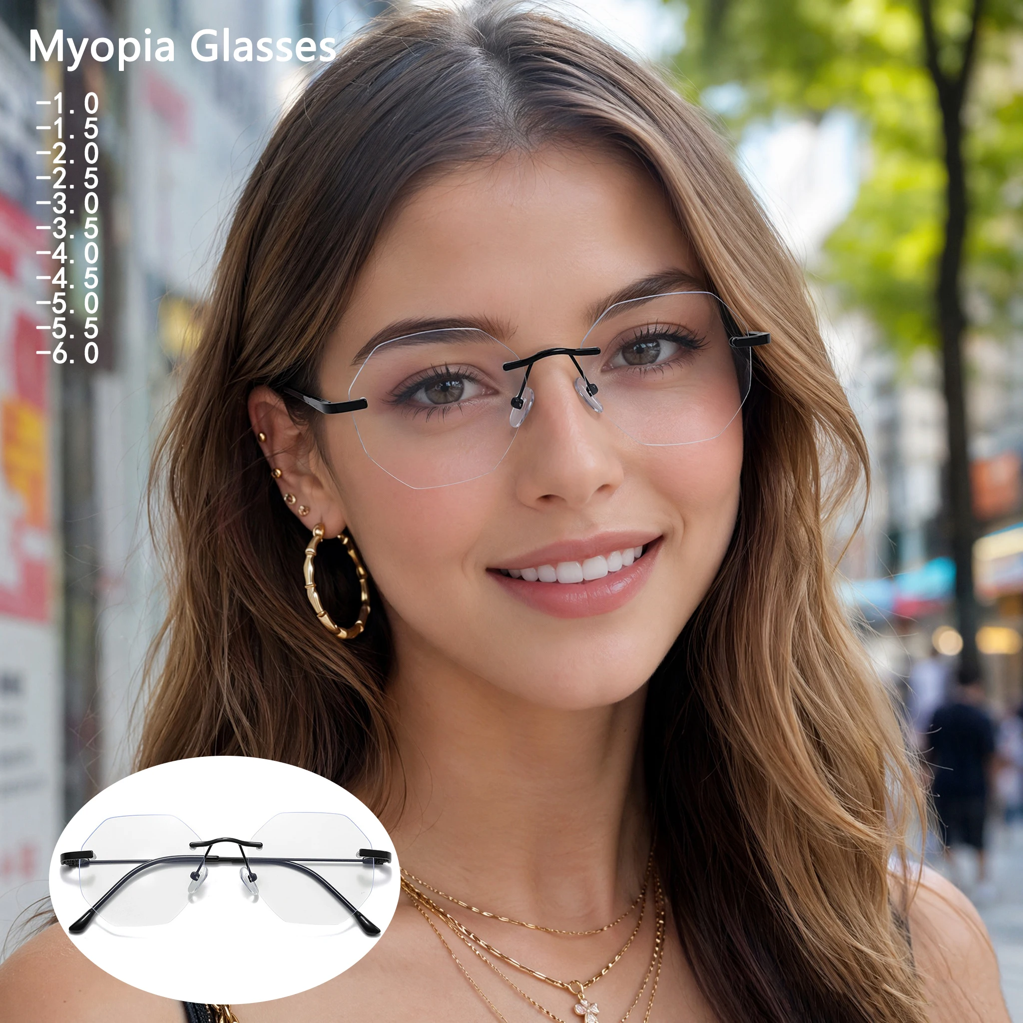 Lunettes de myopie sans monture avec protection anti-lumière bleue, montures octogonales élégantes, disponibles pour hommes et femmes 3301