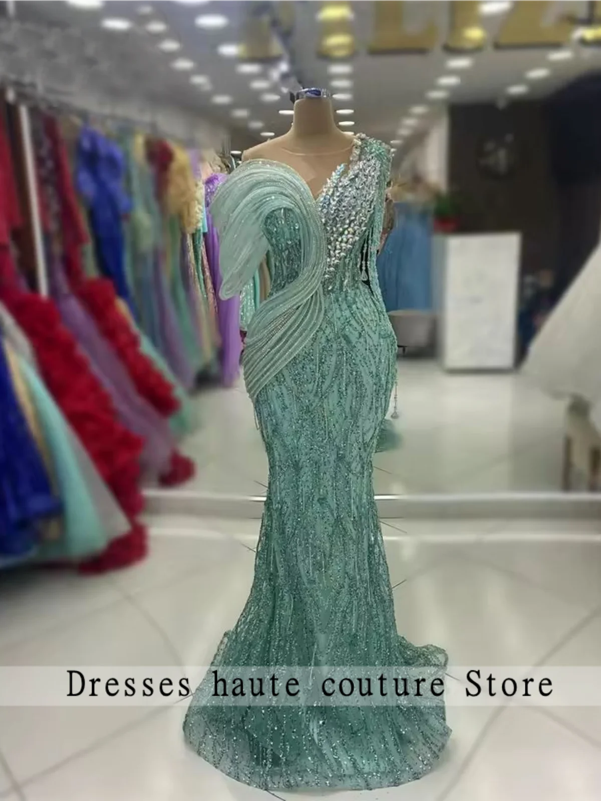 

Charming MInt Green Mermaid Formal Evening Dress Beaded Crystal Aso Prom Dreses Sequin Tassel Party Gowns vestidos de ocasión