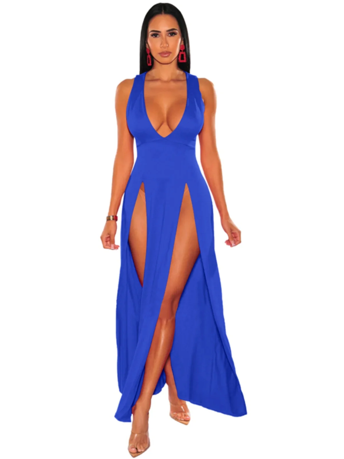 Vestido Midi sin Mangas con Escote Profundo en V y Abertura, Color Puro, Estilo del Sudeste Asiático, Moda Femenina, Primaver...