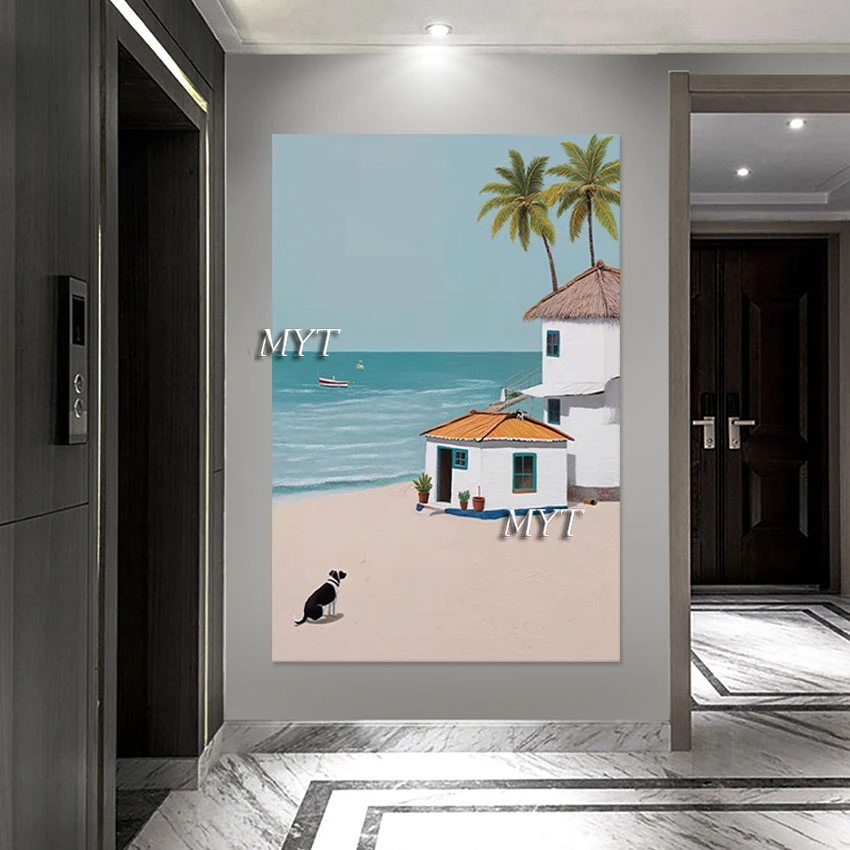 

Beach House Scenery Art Decor Paintings Frameless Abstract Seascape Natural Textured Picture 3D Dog Hand Drawing Canvas Wall