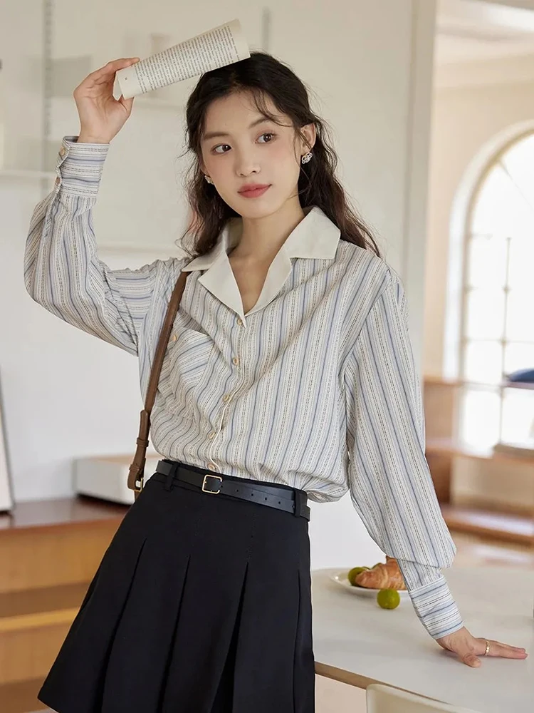 

Japanese Striped Fall Shirt Vintage Pure Cotton Women Simple Casual Blouse Office Lady Loose Notched Collar Long Sleeve Tops
