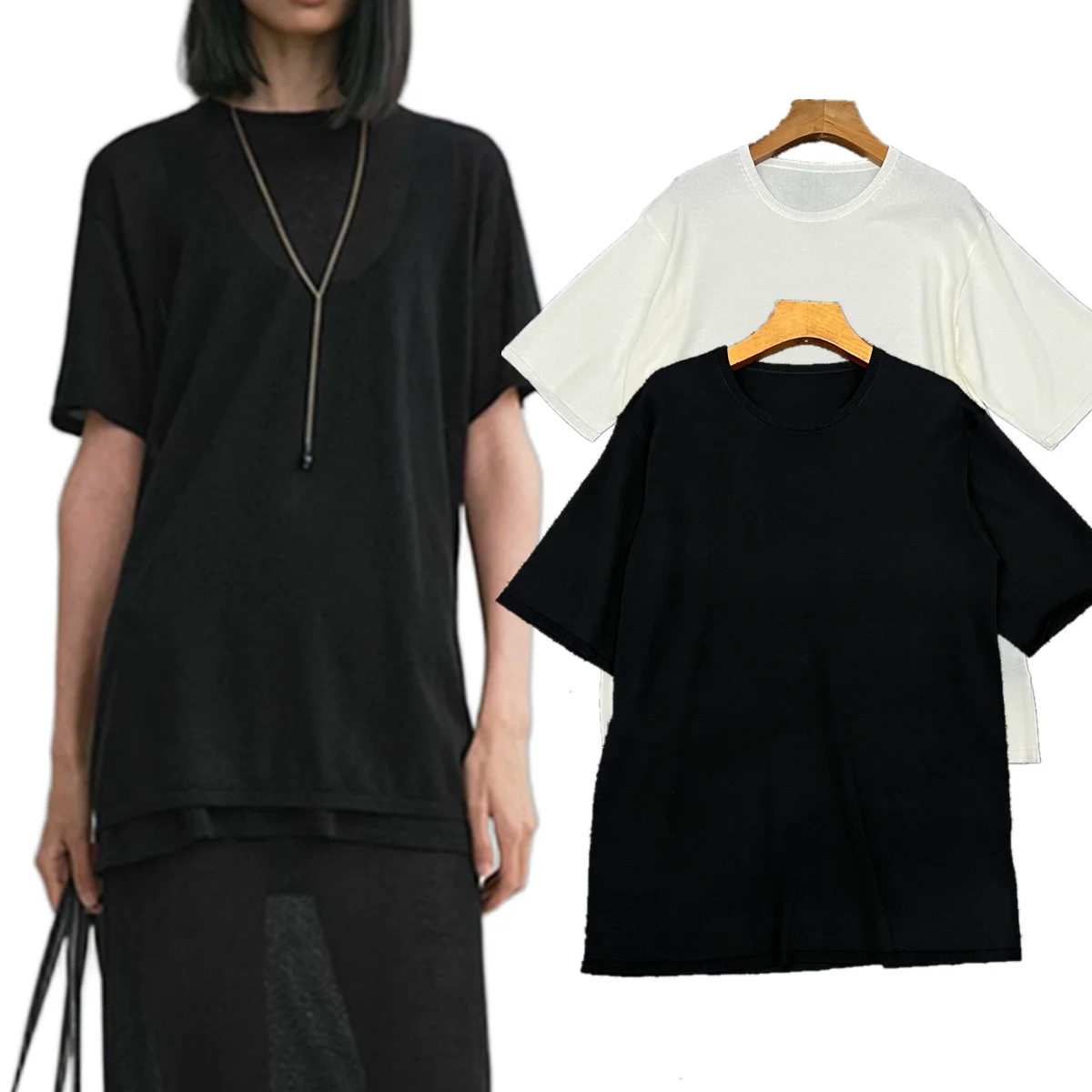 

Jenny&Dave French Lazy Lyocell Comfortable Breathable Round Neck T-shirt Minimalist Solid Knitted Summer Short-Sleeved T-shirt T