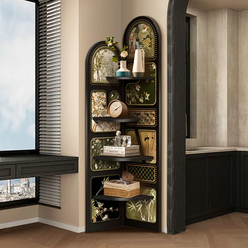 

Medieval corner cabinet French retro storage rack, floor-to-ceiling ornament next to the sofa, small apartment with cracks,