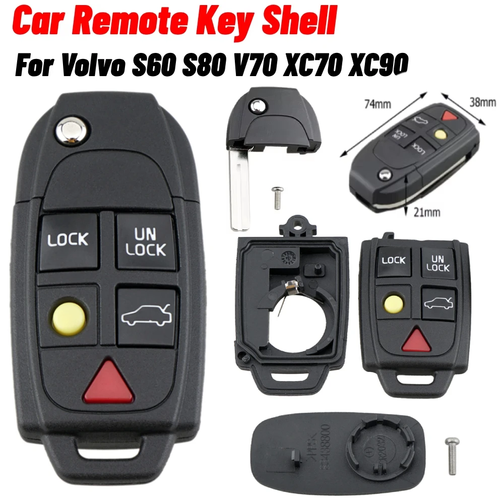 5 Buttons Flip Remote Key Case FOB Replacement Fit for VOLVO S60 2000-2009 / S80 1999-2006 /V70 2000-2007 XC90 2002-2013 Car Key