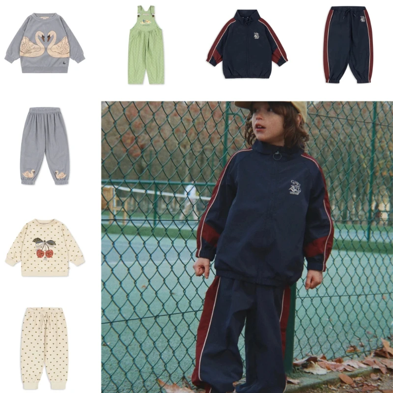 2026 AW KS Kids Sweatshirt Pants Set – Terry Cloth Top Cherry Print Pants Trench Coat & Overalls Fall Winter Outfit