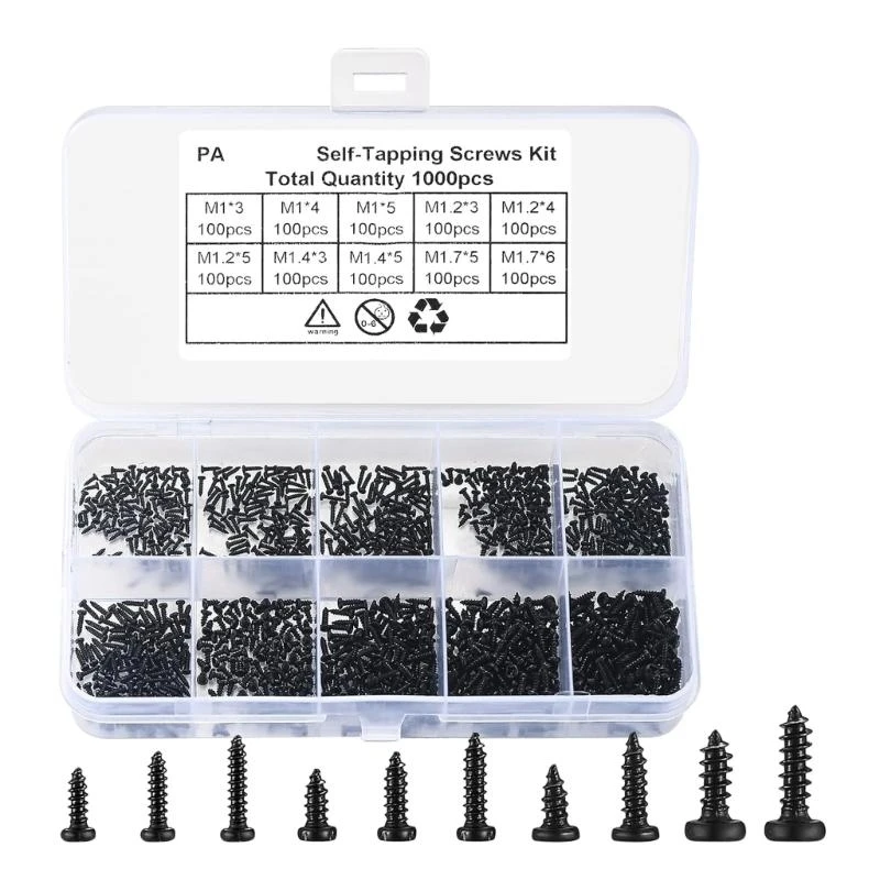 1000pcs Mixed Size Self Tapping Screws Assorted Screw Set Repair Screw Assortment 1-1.7mm Small Screws set for Repairs