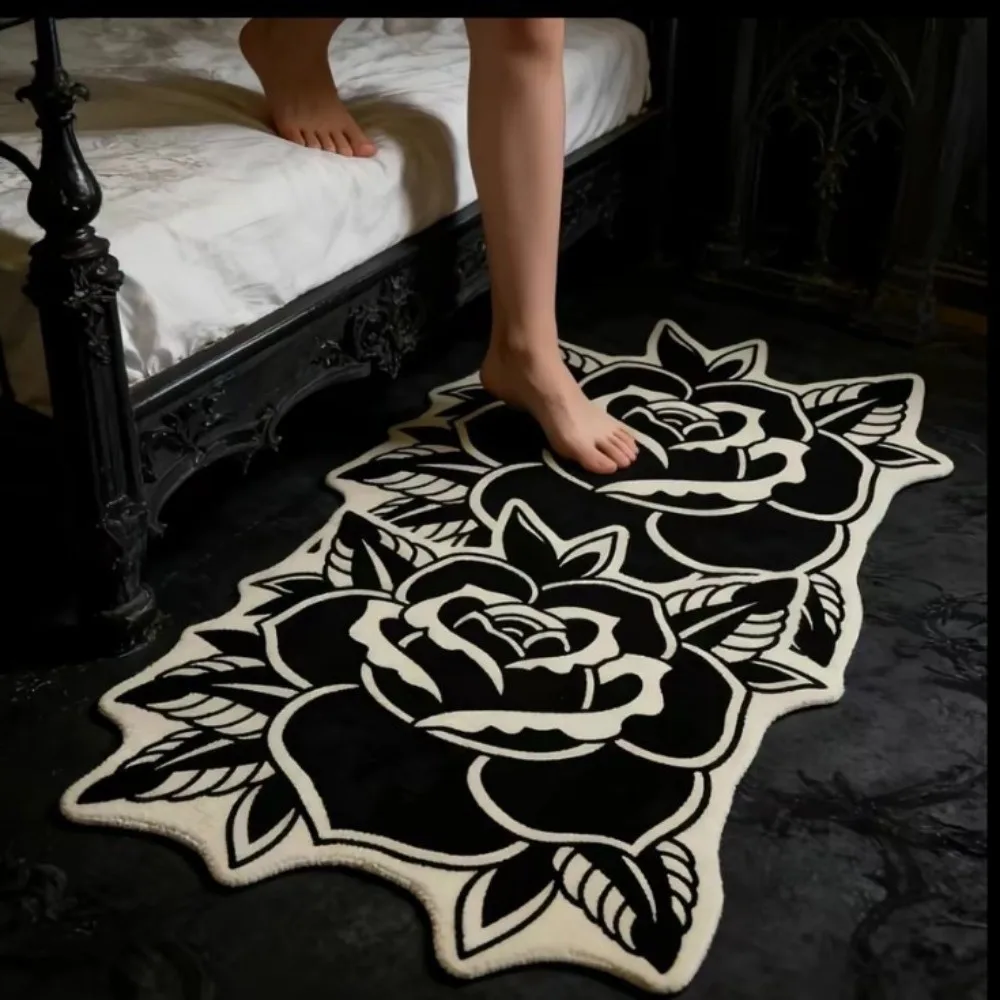 Retro Black White Color Rose-Shaped Area Rug Non-Slip Soft Fluffy Bedroom Floor Mat Comfortable Living Room Carpet Living Room