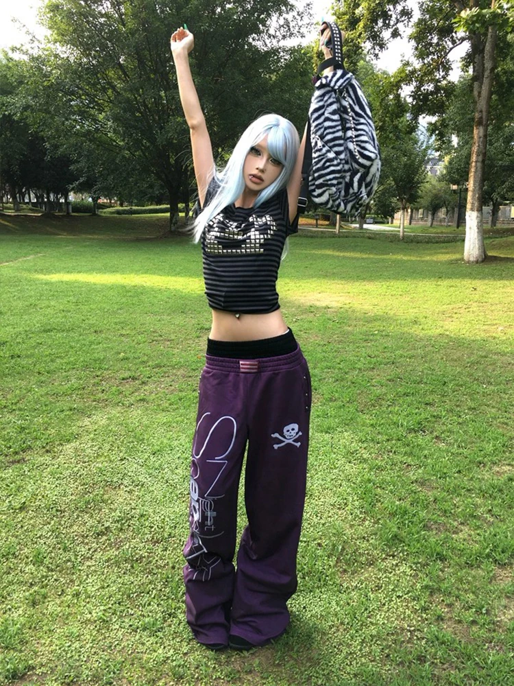 Y2K subculture style straight trousers, old retro double waist design, Gothic printed pattern, unisex straight trousers