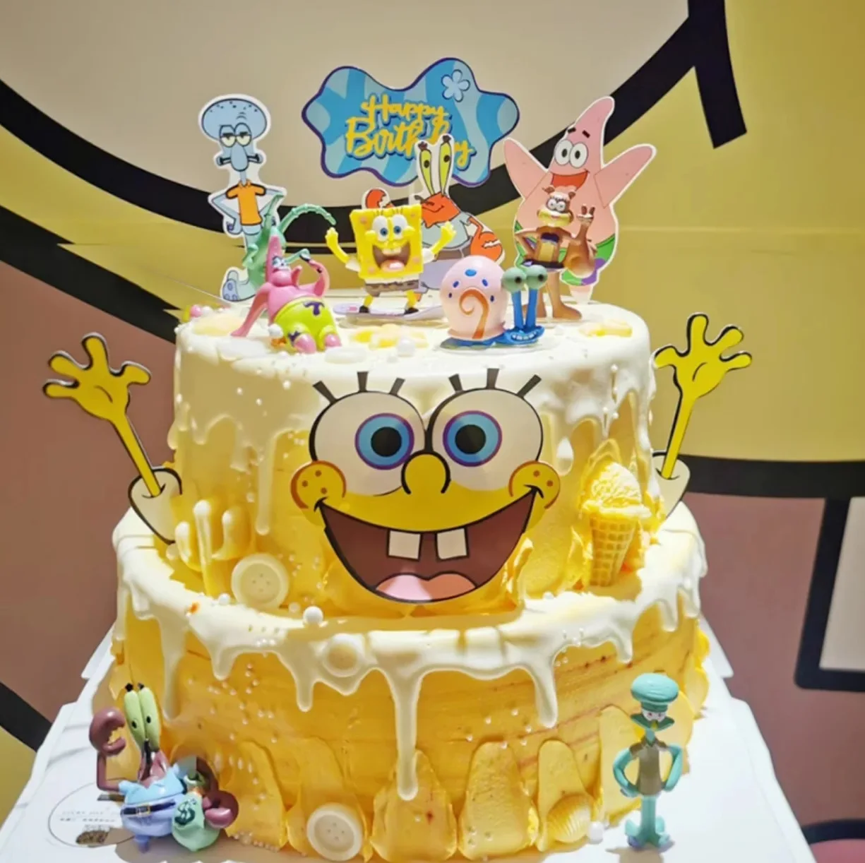 Toppers de pastel con temática de Bob esponja amarilla para fiesta de cumpleaños, dibujos animados, Baby Shower, suministros de decoración de pastel de primer cumpleaños, regalos de juguete