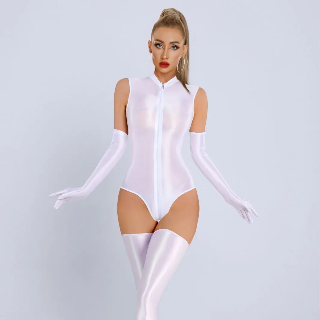 New Glossy Shiny Sleeveless Nylon Catsuit Two Way Zipper Crotch Bodysuit Elastic Tank Body Top Tights Teddies Sukumizu Swimsuit image 4