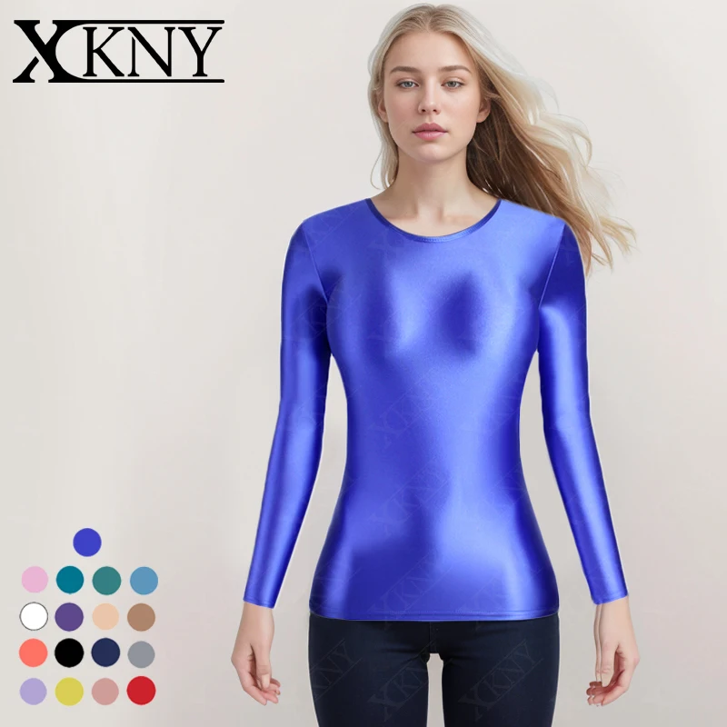 XCKNY glossy long sleeve top tight and smooth top sports versatile tights s-3xl solid shiny top Yoga sportswear