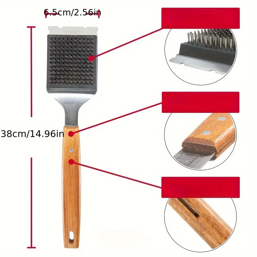 New BBQ Stainless Steel Barbecue Cleaning Brush Wooden Handle Copper Wire Brush Barbecue Grill Grill Cleaning Rust Stain Removal